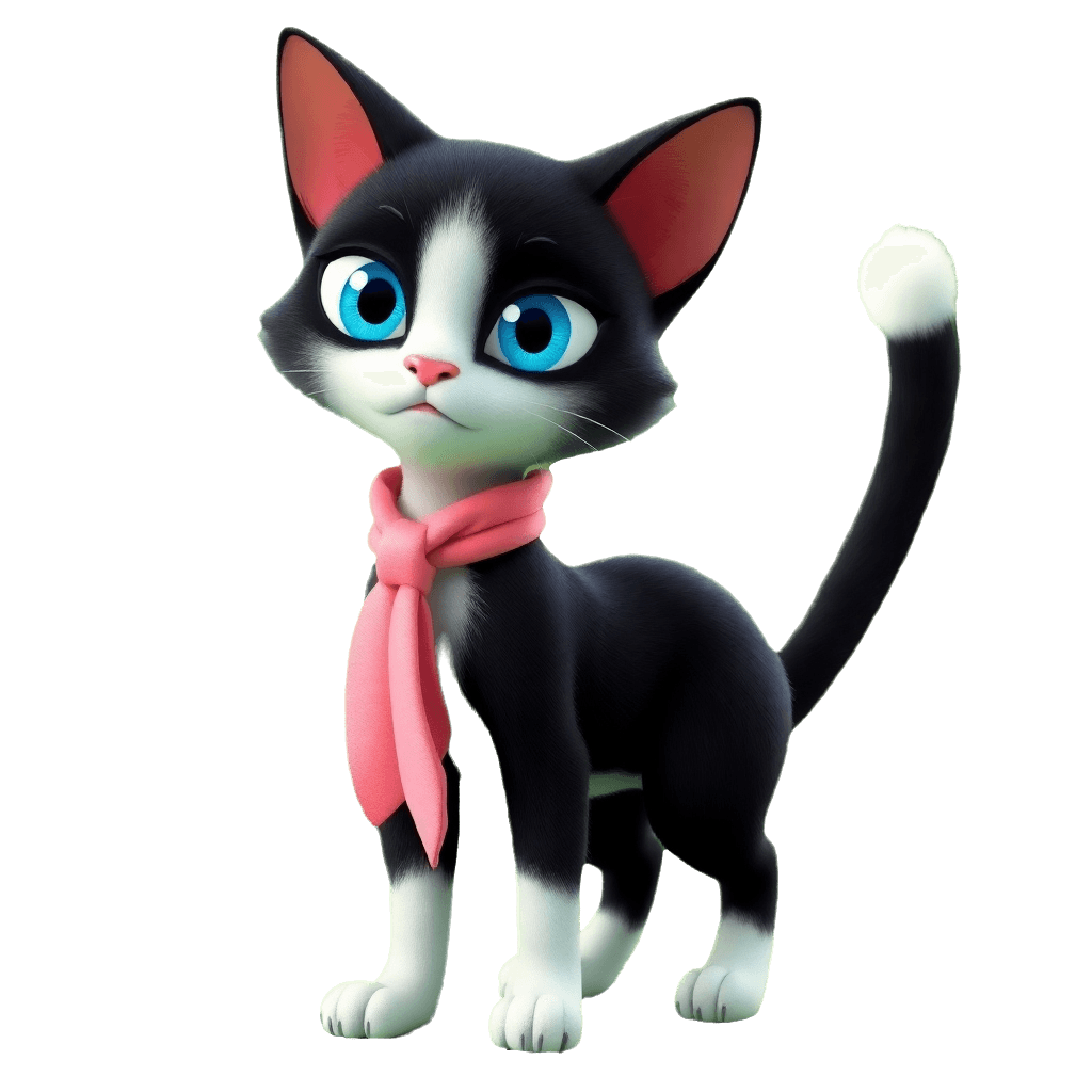 Animated black-and-white cat with bright blue eyes and a soft pink scarf, standing gracefully against a green background.