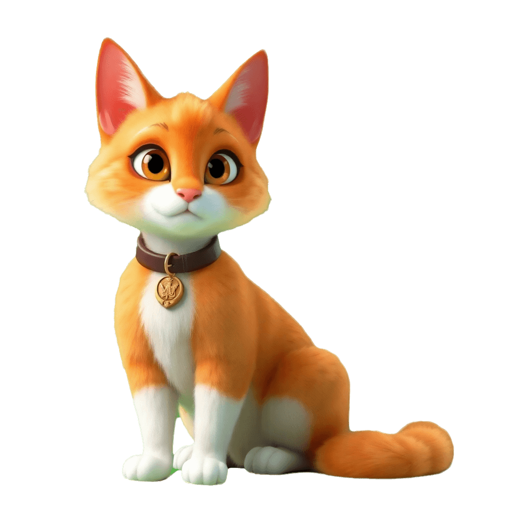 Animated orange cat with white paws and a gold medallion collar, sitting proudly against a green background.