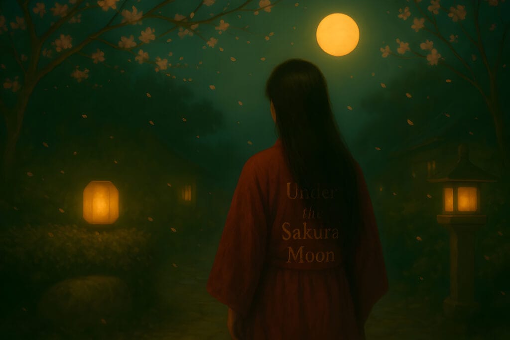A woman in a red kimono stands beneath cherry blossoms and a full moon in a tranquil Japanese village, bathed in soft lantern light — a poetic scene from Under the Sakura Moon, part of the Before Your Dream series.