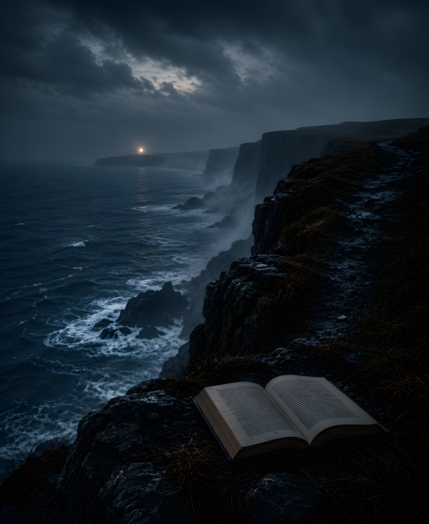 Before Your Nightmare – Forgotten Coastline Rocky coastal cliffs overlooking a stormy sea with an open book in the foreground at dusk.