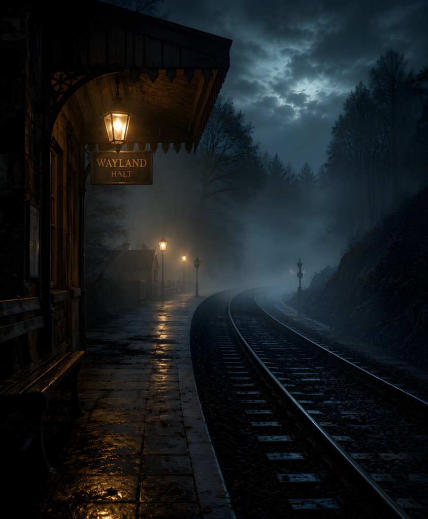Before Your Nightmare – Into the Fog Abandoned railway platform disappearing into thick fog beneath glowing lamps at night.