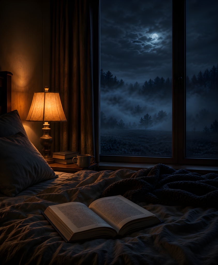 Before Your Nightmare – Before the Nightmare Open book on a bed beside a warm lamp with fog outside the bedroom window at night.