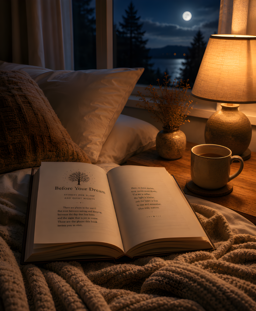 A Quiet Night with Before Your Dream Open Before Your Dream book on a cosy bed beside a warm bedside lamp and cup of tea overlooking a moonlit night.