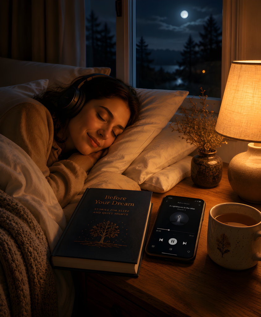 Listening to Before Your Dream Before Sleep Woman peacefully listening to a Before Your Dream audiobook in bed beside a warm lamp, tea and bedside table at night.