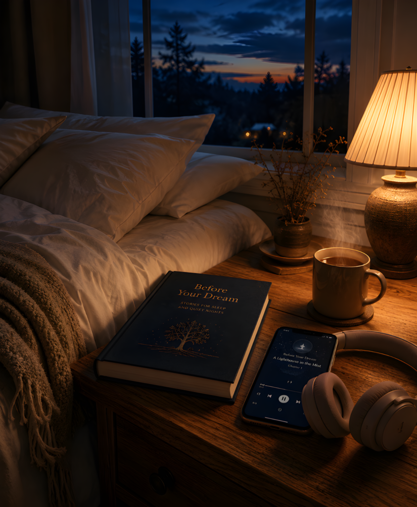 Evening Bedtime Ritual with Before Your Dream Warm bedroom at twilight with a Before Your Dream book, headphones, herbal tea and soft bedside lamp creating a peaceful bedtime reading and listening space.